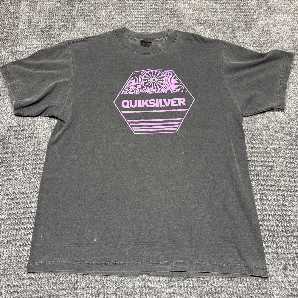 Quiksilver Mens T Shirt L Charcoal Purple Hexagon‎ Graphic Heavyweight Faded
